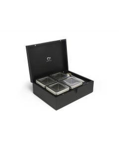 Tea box black with 4 canisters and spoon