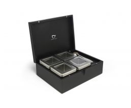 Tea box black with 4 canisters and spoon